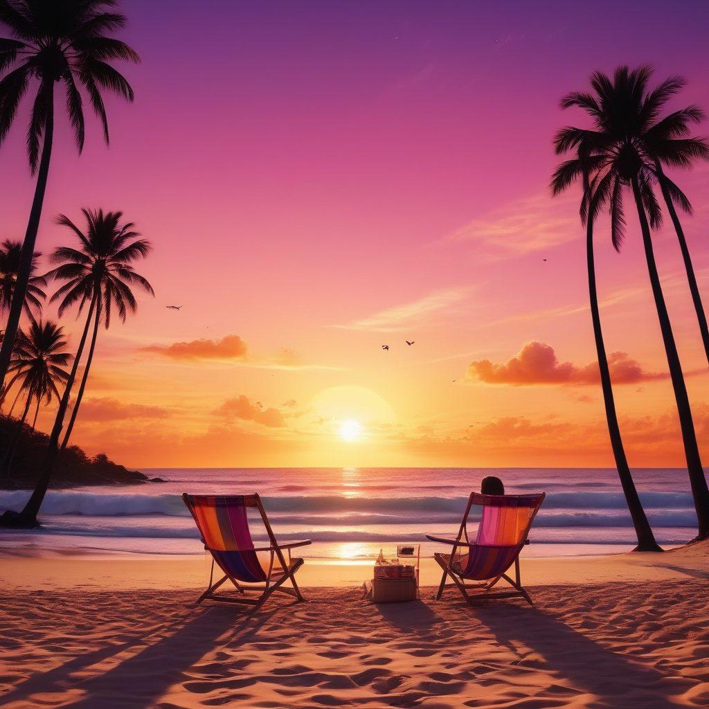 A vibrant beach scene featuring diverse characters in stylish beachwear, capturing a cinematic moment, with a backdrop of palm trees and a sunset casting warm colors. Include iconic movie elements like a film reel and a director's chair subtly integrated into the sand. Emphasize the lively atmosphere with people enjoying sunbathing, swimming, and playing beach volleyball. cinematic style. vibrant colors. 3D.